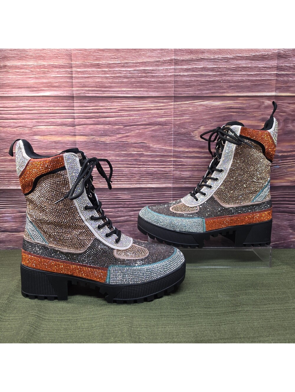 Cape Robbin Multicolor Rhinestone Combat Boots Teal Orange Size 8 New